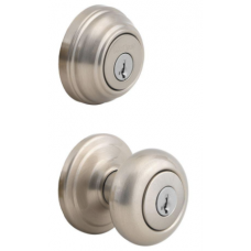 Juno Satin Nickel Exterior Entry Door Knob and Single Cylinder Deadbolt Combo Pack Featuring SmartKey Security