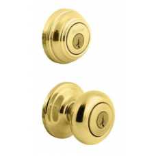 Juno Polished Brass Exterior Entry Door Knob and Single Cylinder Deadbolt Combo Pack Featuring SmartKey Security