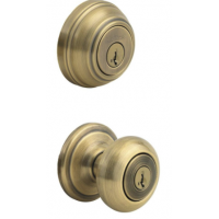 Juno Antique Brass Exterior Entry Door Knob and Single Cylinder Deadbolt Combo Pack Featuring SmartKey Security